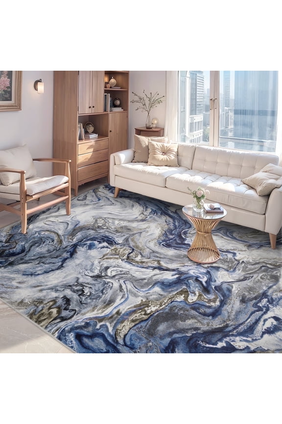 8'x10' Area Rugs for Living Room Marble Swirl Abstract Rug Ultra Soft Washable Rugs for Bedroom Anti Slip Durable Carpet Home Decor for Dining Room Blue