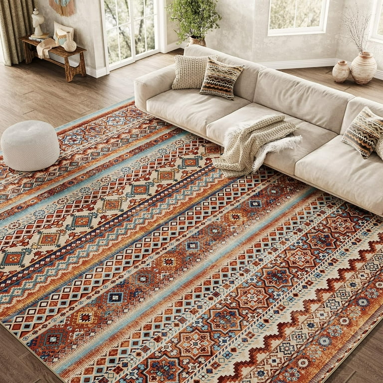 SIXHOME 8 x10 Area Rugs for Living Room Washable Rugs Vintage Boho Area Rug Soft Moroccan Distressed Indoor Rug for Bedroom Dining Room Office Foldable Nonslip Aztec Rug Colorful Red Shop