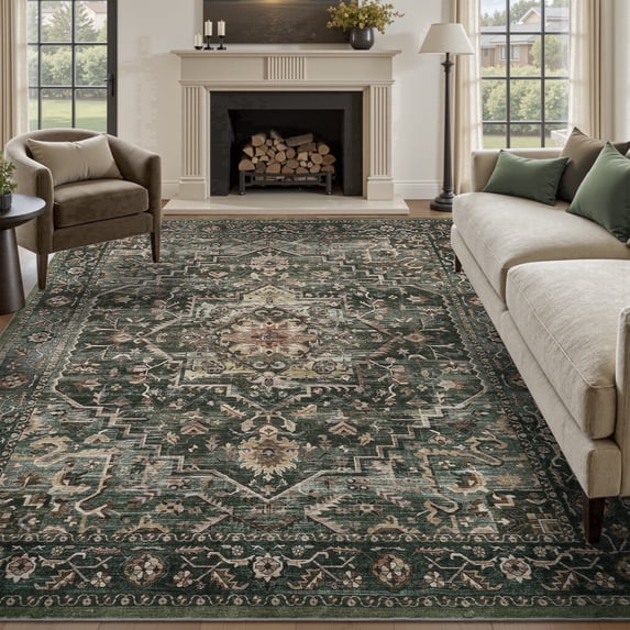 SIXHOME 8'x10' Eastern Classic Area Rug Washable Distressed Carpet Vintage Medallion Rugs for Living Room Bedroom Kitchen Dining Room Retro Neutral Home Decor Green