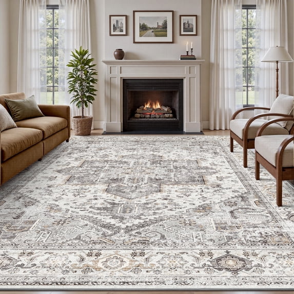 SIXHOME 8'x10' Washable Area Rug for Living Room Vintage Medallion Distressed Carpet Soft Low Pile Large Rug for Bedroom Dining Room Office Retro Indoor Home Decor Gray
