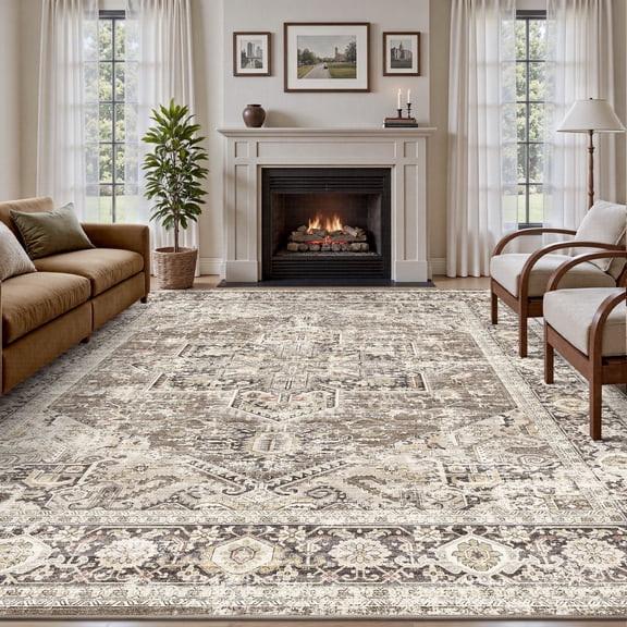 SIXHOME 8'x10' Washable Area Rug for Living Room Vintage Medallion Distressed Carpet Soft Low Pile Large Rug for Bedroom Dining Room Office Retro Indoor Home Decor Brown