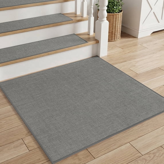 SIXHOME Non Slip Stair Treads for Wooden Steps Square Natural Woven Carpet Stair Tread Rubber Backing Washable Polyester Stair Rugs Stair Mats Indoor for Stairs and Landing Gray