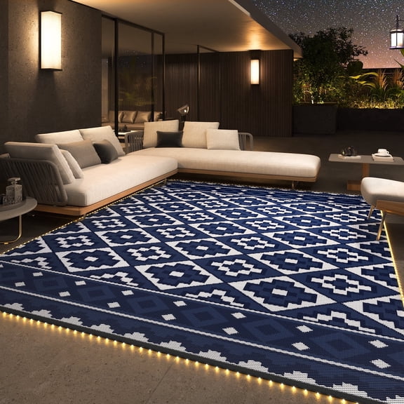 SIXHOME Outdoor Rug with LED Strip Lights 9'x12' Waterproof Patio Rug Reversible Indoor Outdoor Rug Lightweight Plastic Straw Rug for RV Camping Deck Balcony Boho Porch Decor Blue