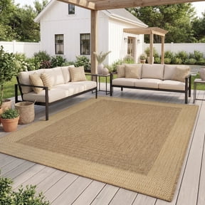 SIXHOME Outdoor Rugs 8'x10' Patio Rug Geometric Bordered Indoor Outdoor Rugs Polypropylene Washable Non Shedding, Easy Clean, Waterproof, Durable Outdoor Carpet for Porch Balcony Deck Neutral Brown