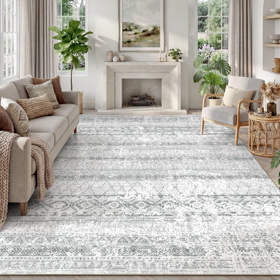 SIXHOME 8'x10' Area Rugs for Living Room Washable Rugs Boho Geometric Living Room Rug Moroccan Neutral Carpet Non Slip Soft Distressed Rugs for Bedroom Dining Room Office Modern Home Decor Gray