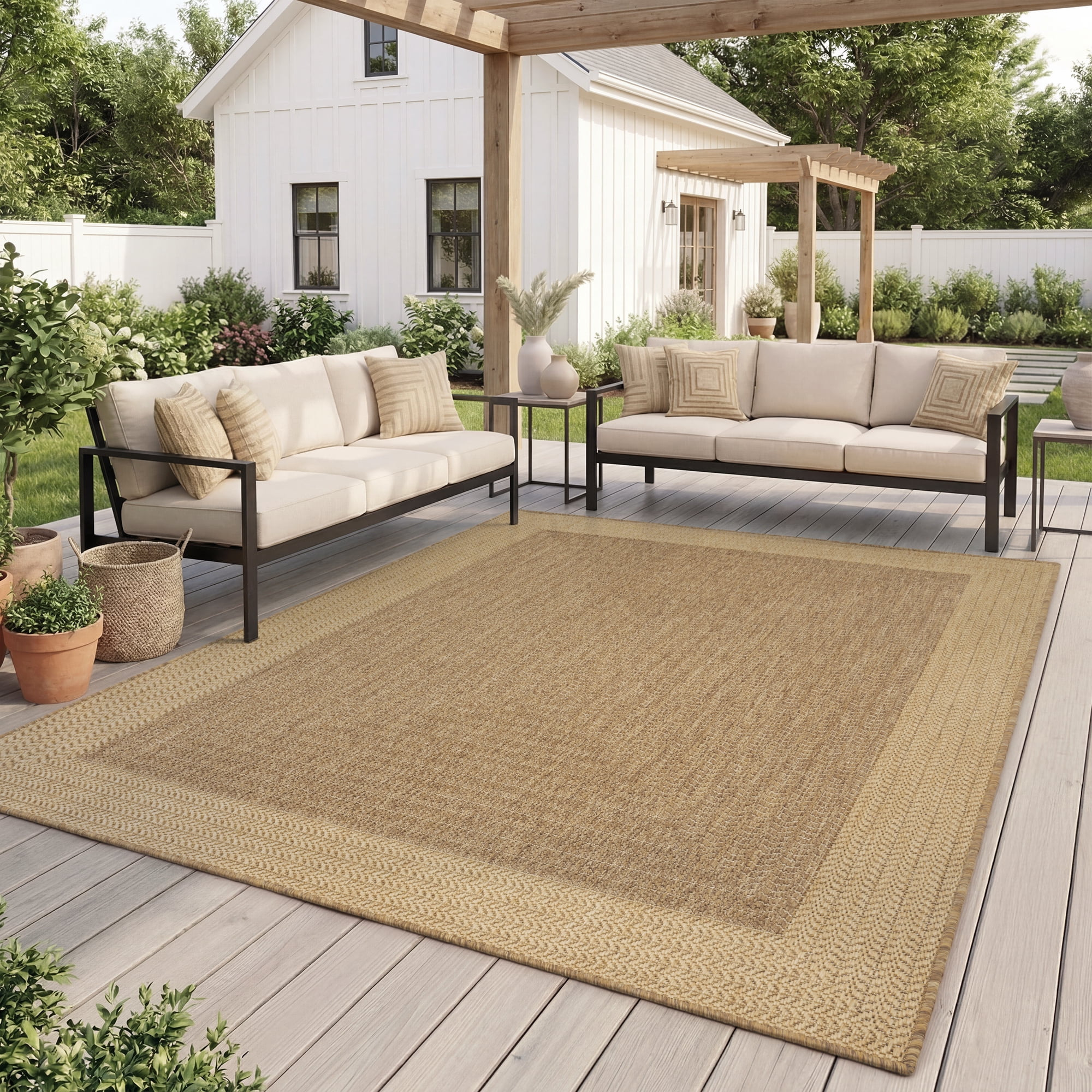 SIXHOME Outdoor Rugs 8'x10' Patio Rug Geometric Bordered Indoor Outdoor Rugs Polypropylene Washable Non Shedding, Easy Clean, Waterproof, Durable Outdoor Carpet for Porch Balcony Deck Neutral Brown