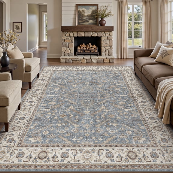SIXHOME 8'x10' Area Rugs for Living Room Washable Rugs Carpet Vintage Traditional Rugs for Bedroom Dinning Room Office Soft Non Slip Large Area Rug Retro Home Decor Blue