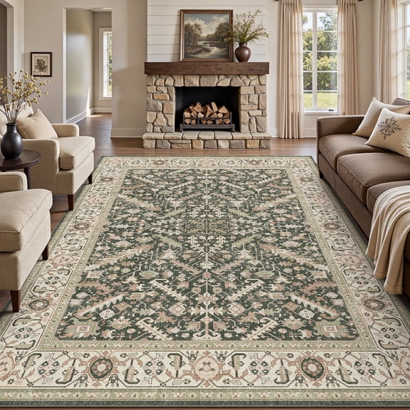 SIXHOME 8'x10' Area Rugs for Living Room Washable Rugs Carpet Vintage Traditional Rugs for Bedroom Dinning Room Office Soft Non Slip Large Area Rug Retro Home Decor Green
