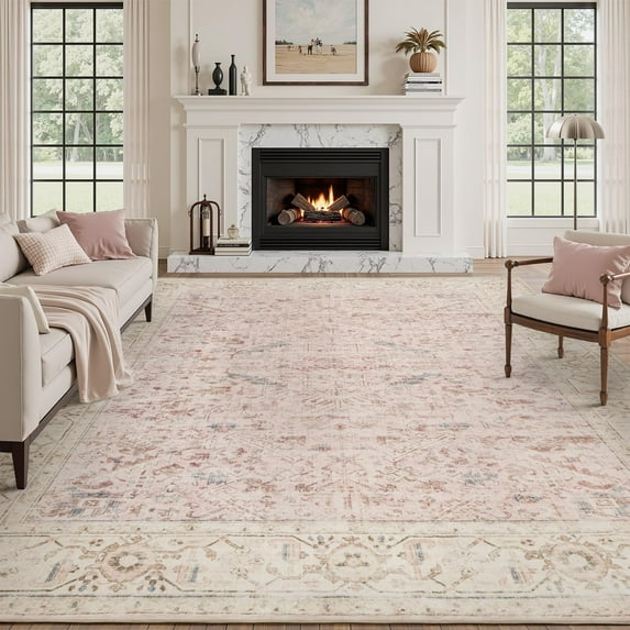 SIXHOME 8'x10' Area Rugs for Living Room Washable Rugs Carpet Vintage Traditional Rugs for Bedroom Dinning Room Office Soft Non Slip Large Area Rug Retro Home Decor Pink