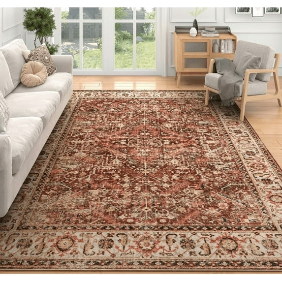 SIXHOME 8'x10' Area Rugs for Living Room Washable Rugs Carpet Vintage Traditional Rugs for Bedroom Dinning Room Office Soft Non Slip Large Area Rug Retro Home Decor Brick Red