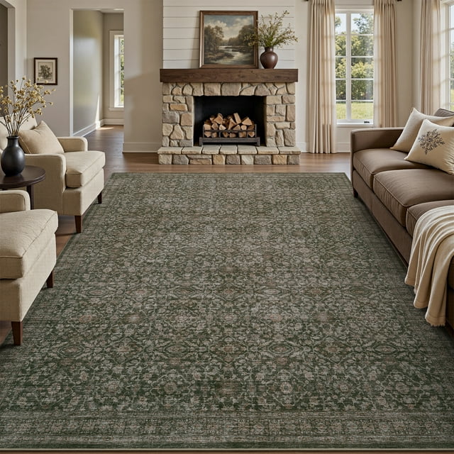 SIXHOME 8'x10' Vintage Distressed Area Rug Soft Washable Non-Slip Carpet American Classic Retro Rug with Geometric Rugs for Living Room Bedroom Neutral Home Decor Green