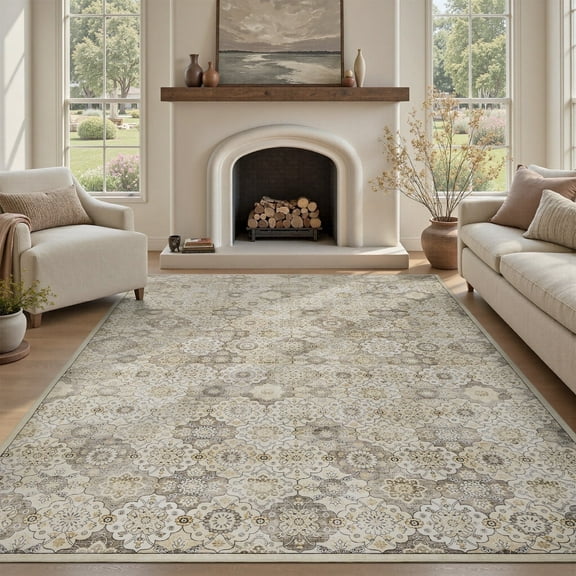SIXHOME 8'x10' Area Rugs for Living Room Washable Vintage Floral Rugs Artistic Carpet Neutral Soft Rugs for Bedroom Dinning Room Office Home Decor Beige