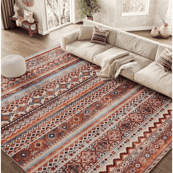 SIXHOME 8'x10' Area Rugs for Living Room Washable Rugs Vintage Boho Area Rug Soft Moroccan Geometric Indoor Rug for Bedroom Dining Room Office Foldable Nonslip Aztec Rug Colorful and Red