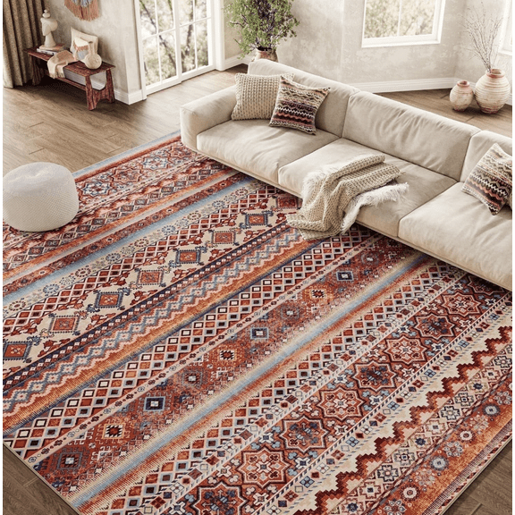 SIXHOME 8'x10' Area Rugs for Living Room Washable Rugs Vintage Boho Area Rug Soft Moroccan Geometric Indoor Rug for Bedroom Dining Room Office Foldable Nonslip Aztec Rug Colorful and Red