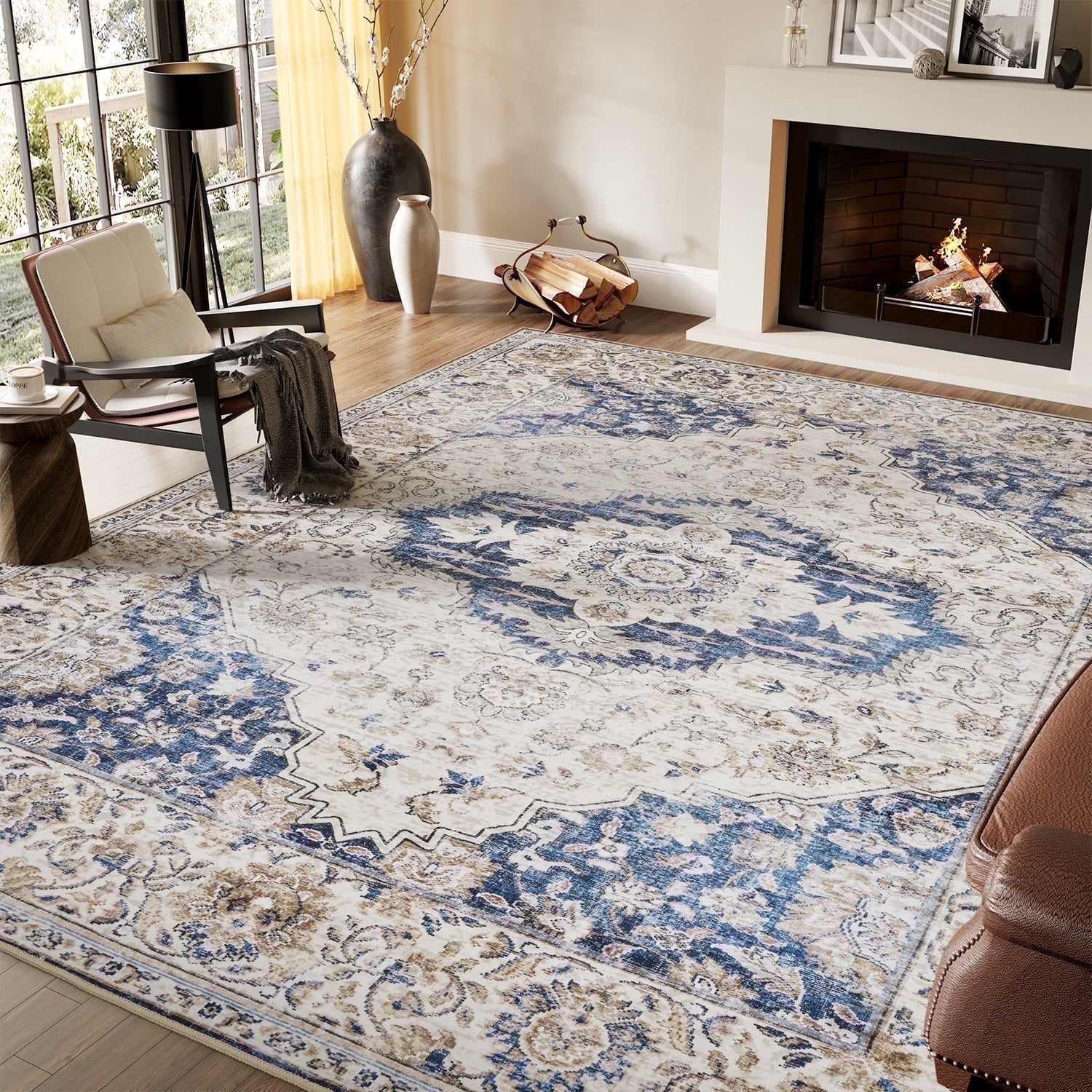 SIXHOME 8'x10' Area Rugs for Living Room Washable Traditional Blue Distressed Carpet Non Slip Ultra Soft Retro Floral Throw Indoor Rug for Bedroom Dinning Room Office Home
