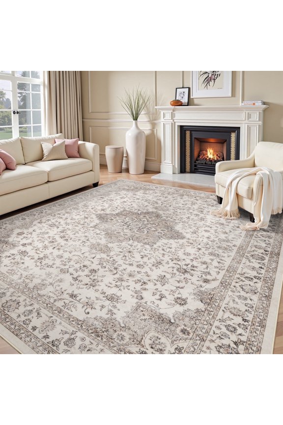 8x10 Feet Washable Non-Slip Area Rug - Traditional Distressed Vintage Brown Rug with Retro Floral Design, Ultra-Soft Indoor Carpet for Living Room, Bedroom, Dining Room