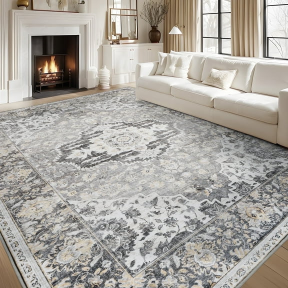 SIXHOME 8'x10' Area Rugs for Living Room Washable Traditional Grey Distressed Carpet Non Slip Ultra Soft Retro Floral Throw Indoor Rug for Bedroom Dinning Room Office Home