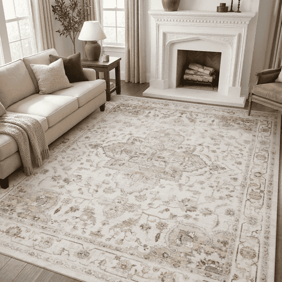 SIXHOME 8'x10'Area Rug Washable Distressed Vintage Medallion Rugs for Living Room Bedroom Home Decor Beige