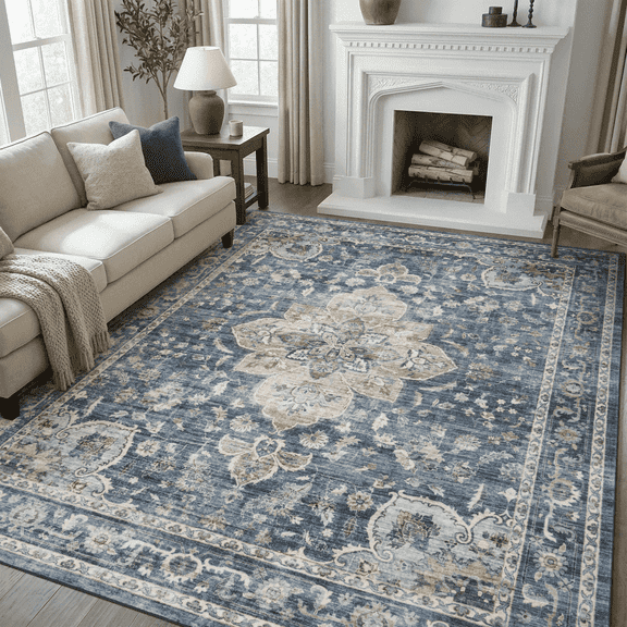 SIXHOME 8'x10'Area Rug Washable Distressed Vintage Medallion Rugs for Living Room Bedroom Home Decor Blue