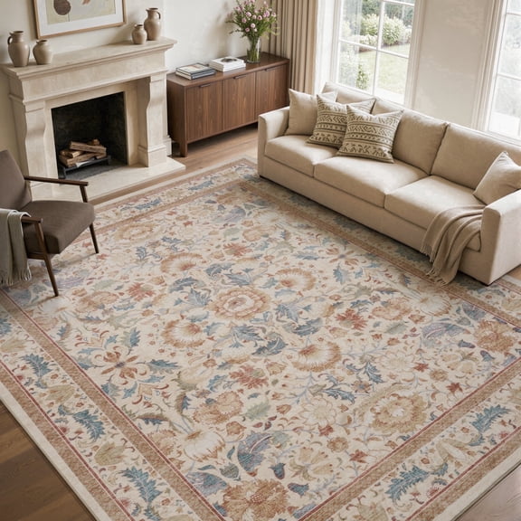 SIXHOME 8'x10' Area Rugs for Living Room Machine Washable Area Rugs Soft Non-Slip Retro Carpet Traditional Floral Rugs for Bedroom Dining Room Office Home Decor Ivory