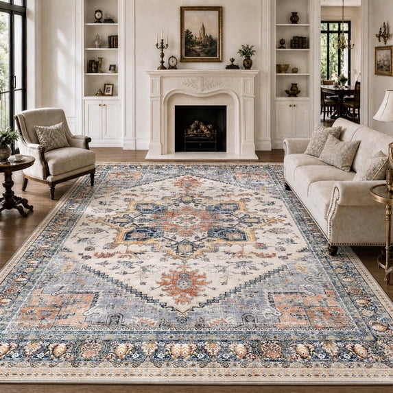 SIXHOME 8'x10' Eastern Classic Area Rug Washable Distressed Carpet Vintage Medallion Rugs for Living Room Bedroom Kitchen Dining Room Retro Neutral Home Decor Blue
