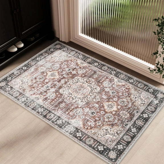 SIXHOME 8'x10' Rugs for Living Room Washable Rug Vintage Medallion Floral Living Room Rugs Carpet Soft Distressed Indoor Retro Rug for Bedroom Dining Room Nonslip Brown Rug