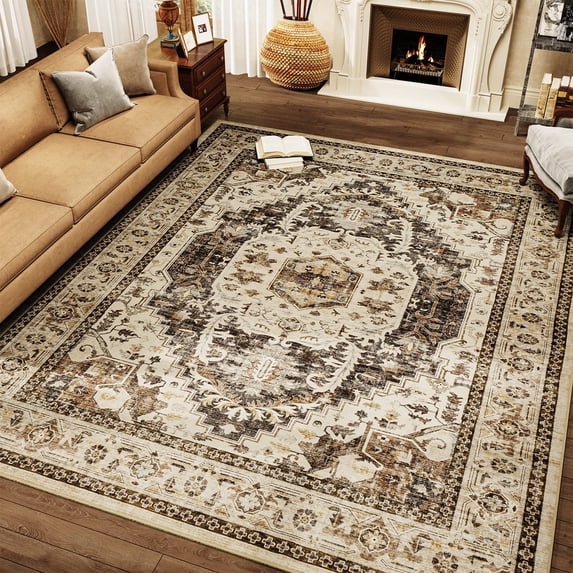 SIXHOME 8'x10' Area Rug, Vintage Boho Distressed Design, Machine Washable Rug with Non-Slip Backing, Stain Resistant and Soft Low Pile for Living Room, Bedroom and Dining Room, Brown