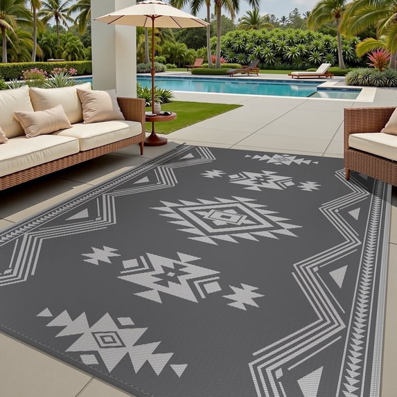SIXHOME 8x10 Feet Waterproof Outdoor Rug - Reversible Gray Plastic Patio Mat, Non-Slip Durable Moroccan Geometric Design for Camping, RV, Balcony, Porch, Picnic