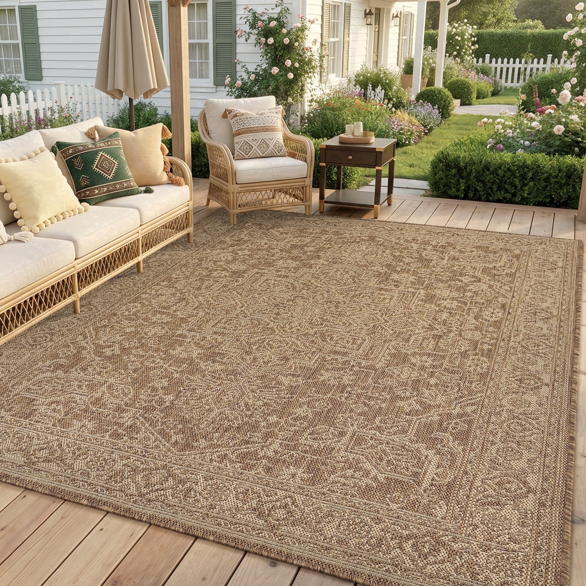 SIXHOME 9'x12' Outdoor Rug, Farmhouse Medallion Patio Rug, Indoor Outdoor Polypropylene Weave Textured Carpet, Water-Resistant, Quick-Dry Rug for Porch, Balcony, RV, Garden, Neutral Brown