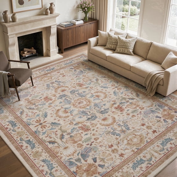 SIXHOME 9'x12' Area Rugs for Living Room Machine Washable Area Rugs Soft Non-Slip Retro Carpet Traditional Floral Rugs for Bedroom Dining Room Office Home Decor Ivory