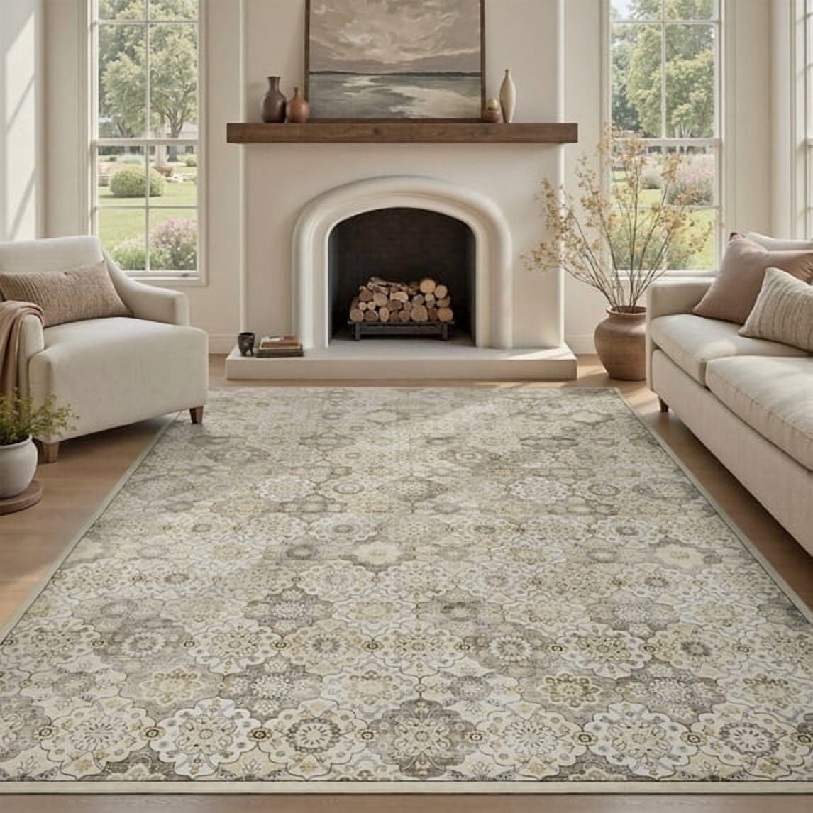 SIXHOME 9'x12' Area Rugs for Living Room Washable Vintage Floral Rugs Artistic Carpet Neutral Soft Rugs for Bedroom Dinning Room Office Home Decor Beige