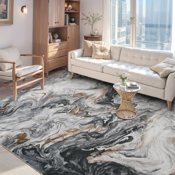 SIXHOME 9'x12' Area Rugs for Living Room Marble Swirl Abstract Rug Ultra Soft Washable Rugs for Bedroom Anti Slip Durable Carpet Home Decor for Dining Room Black and Gold