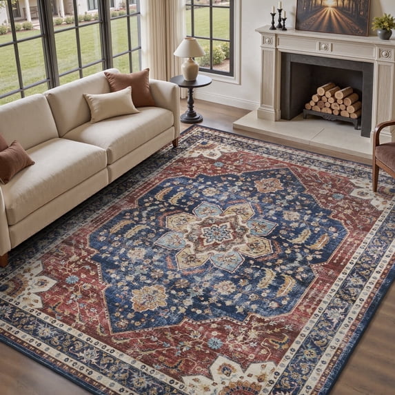SIXHOME 9'x12' Vintage Distressed Eastern Classic Area Rug Washable Retro Medallion Carpet Neutral Oriental Traditional Rugs for Living Room Bedroom Kitchen Dining Room Home Decor Red