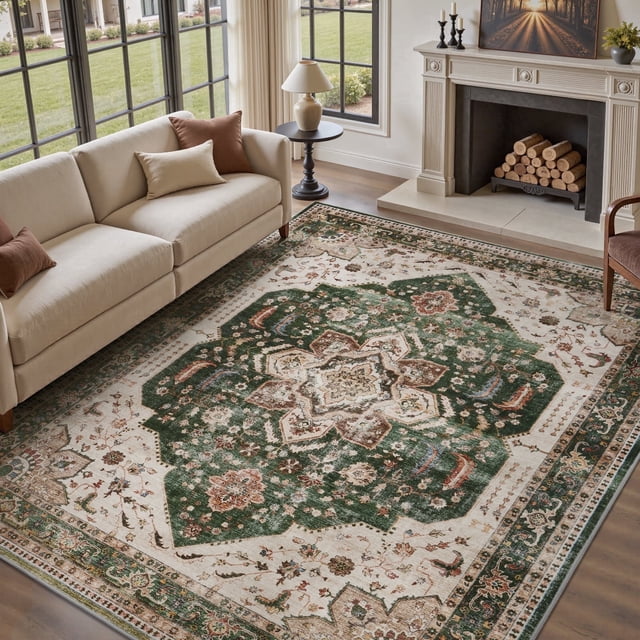 SIXHOME 9'x12' Vintage Distressed Eastern Classic Area Rug Washable Retro Medallion Carpet Neutral Oriental Traditional Rugs for Living Room Bedroom Kitchen Dining Room Home Decor Green