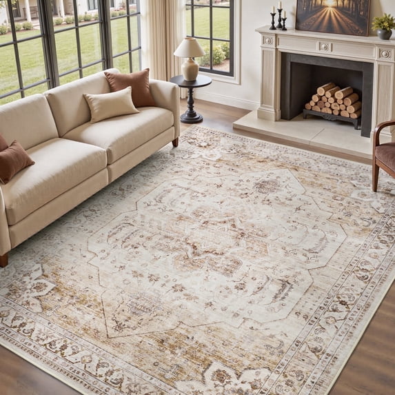 SIXHOME 9'x12' Vintage Distressed Eastern Classic Area Rug Washable Retro Medallion Carpet Neutral Oriental Traditional Rugs for Living Room Bedroom Kitchen Dining Room Home Decor Beige