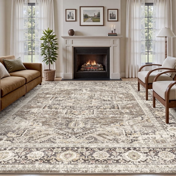SIXHOME 9'x12' Washable Area Rug for Living Room Vintage Medallion Distressed Carpet Soft Low Pile Large Rug for Bedroom Dining Room Office Retro Indoor Home Decor Brown