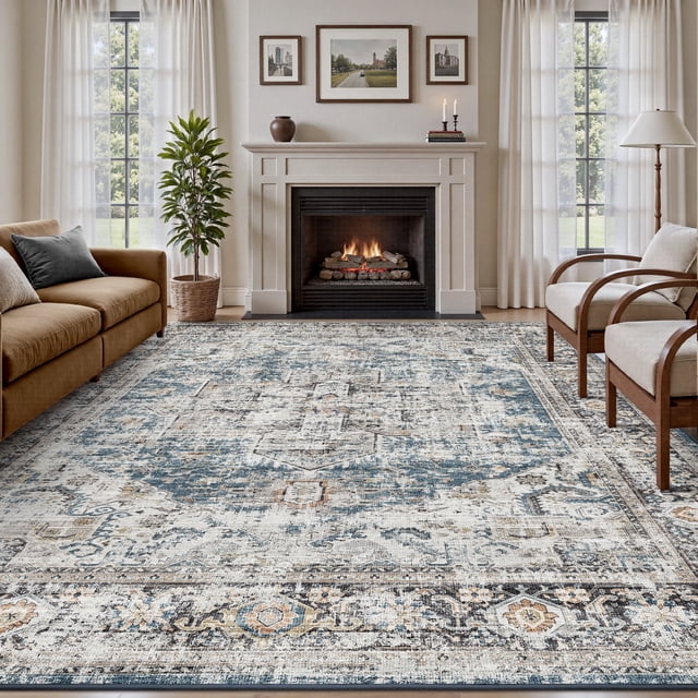 SIXHOME 9'x12' Washable Area Rug for Living Room Vintage Medallion Distressed Carpet Soft Low Pile Large Rug for Bedroom Dining Room Office Retro Indoor Home Decor Blue and Gray