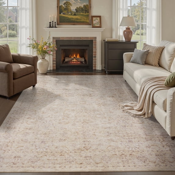 SIXHOME 9'x12' Area Rugs Washable Vintage Rugs for Living Room Distressed Floral Area Rug Indoor Soft Carpet Rugs for Bedroom Dining Room Office Throw Rugs Farmhouse Home Decor Beige