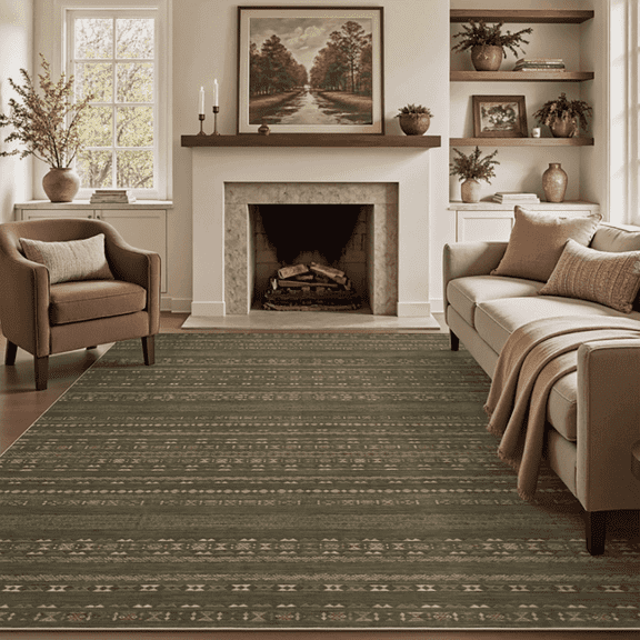 SIXHOME 9x12 Washable Area Rug Non Slip Vintage Boho Tribal Rug for Living Room Bedroom Low Pile Farmhouse Green