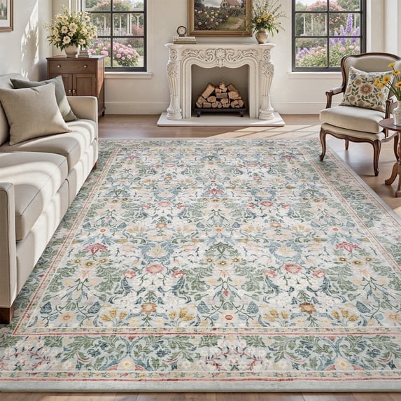 SIXHOME 10'x14' Floral Area Rug for Living Room, Washable Soft Non-Slip Traditional Carpet, Botanical Rug for Bedroom Dining Room Home Decor Sage Green