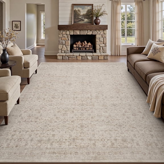SIXHOME 9'x12' Vintage Distressed Area Rug Soft Washable Non-Slip Carpet American Classic Retro Rug with Geometric Rugs for Living Room Bedroom Neutral Home Decor Beige