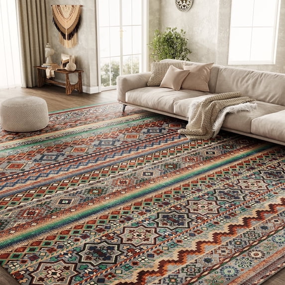 SIXHOME 9'x12' Area Rugs for Living Room Washable Rugs Vintage Boho Area Rug Soft Moroccan Geometric Indoor Rug for Bedroom Dining Room Office Foldable Nonslip Aztec Rug Colorful and Green