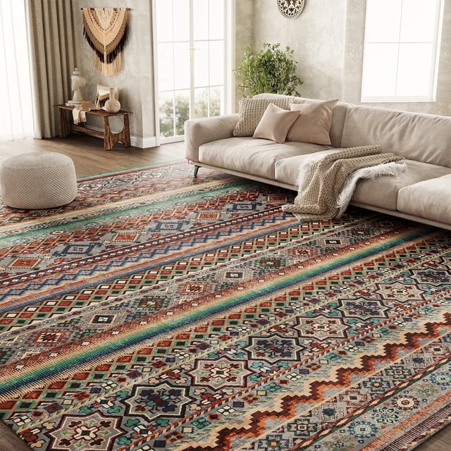 SIXHOME 9'x12' Area Rugs for Living Room Washable Rugs Vintage Boho Area Rug Soft Moroccan Geometric Indoor Rug for Bedroom Dining Room Office Foldable Nonslip Aztec Rug Colorful and Green