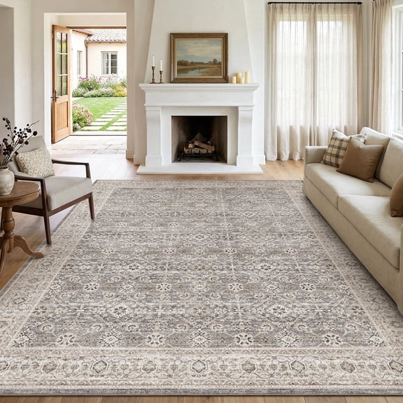SIXHOME 9'x12' Area Rugs for Living Room Washable Rugs Vintage Floral Living Room Rug Traditional Aesthetic Carpet Soft Large Rugs for Bedroom Dining Room Office Retro Home Decor Gray
