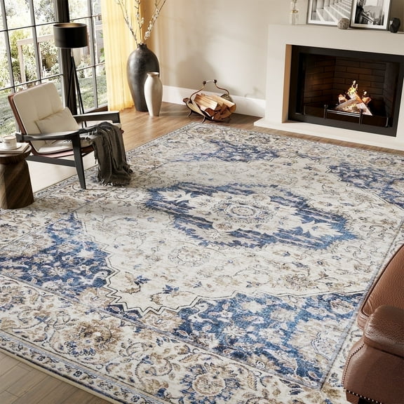SIXHOME 9'x12' Area Rugs for Living Room Washable Traditional Blue Distressed Carpet Non Slip Ultra Soft Retro Floral Throw Indoor Rug for Bedroom Dinning Room Office Home