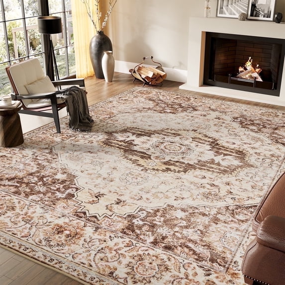 SIXHOME 9'x12' Area Rugs for Living Room Washable Traditional Brown Distressed Carpet Non Slip Ultra Soft Retro Floral Throw Indoor Rug for Bedroom Dinning Room Office Home