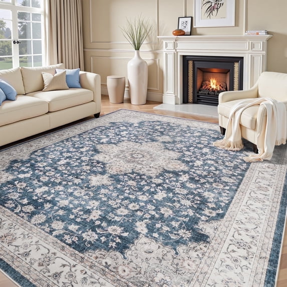 SIXHOME 9x12 Feet Washable Non-Slip Area Rug - Traditional Distressed Vintage Blue Rug with Retro Floral Design, Ultra-Soft Indoor Large Carpet for Living Room, Bedroom, Dining Room