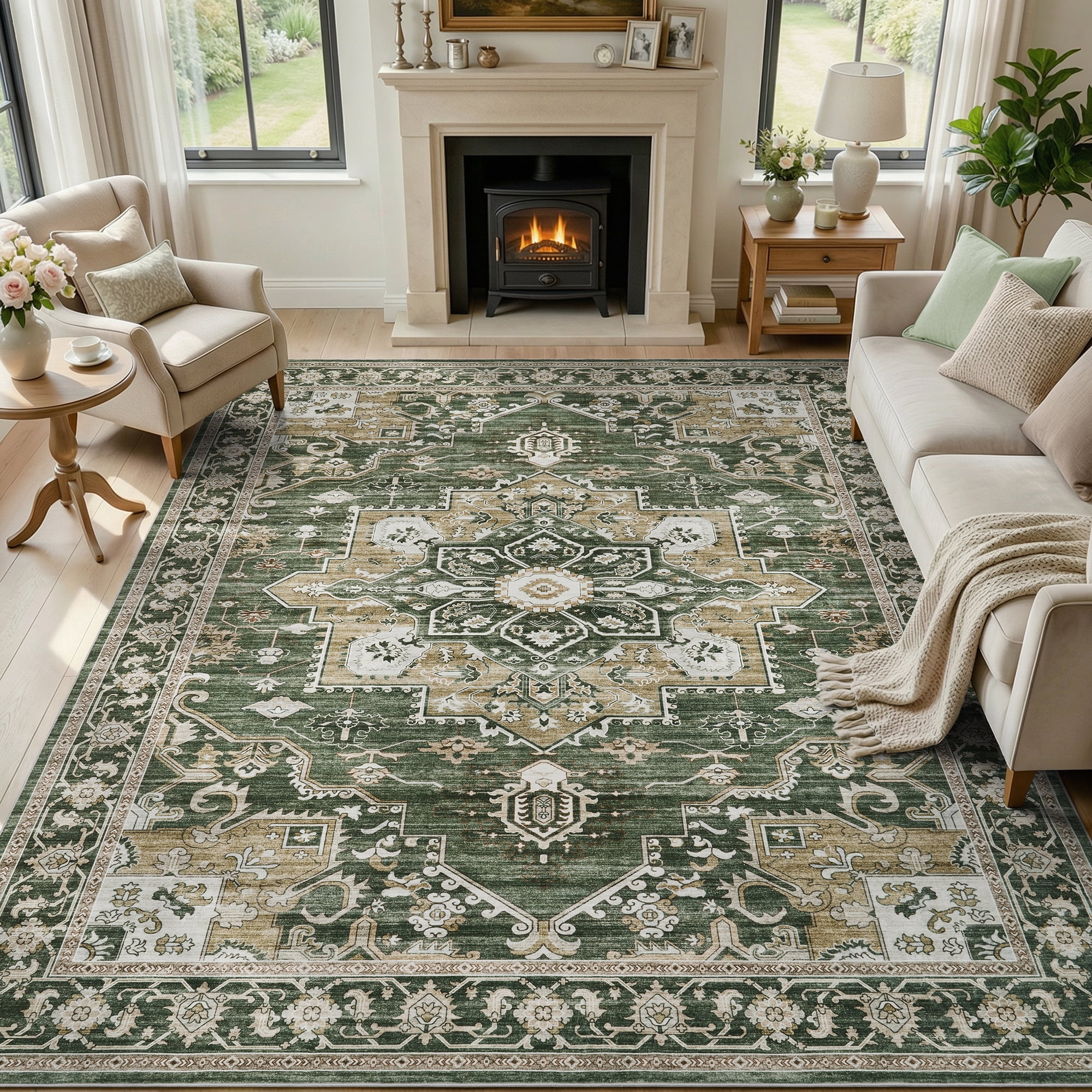 SIXHOME 9'x12' Rugs for Living Room Washable Traditional Distressed Soft Carpet Large Area Rug Retro Floral Indoor Throw Rug for Bedroom Dining Room Vintage Green