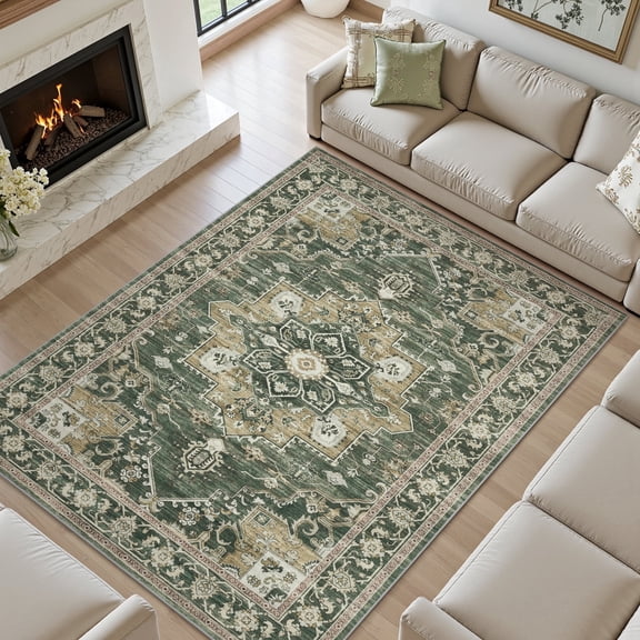 SIXHOME 9'x12' Rugs for Living Room Washable Traditional Distressed Soft Carpet Large Area Rug Retro Floral Indoor Throw Rug for Bedroom Dining Room Vintage Green