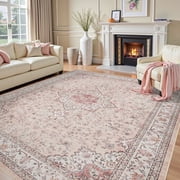 SIXHOME 9x12 Feet Washable Non-Slip Area Rug - Traditional Distressed Vintage Pink Rug with Retro Floral Design, Ultra-Soft Indoor Large Carpet for Living Room, Bedroom, Dining Room